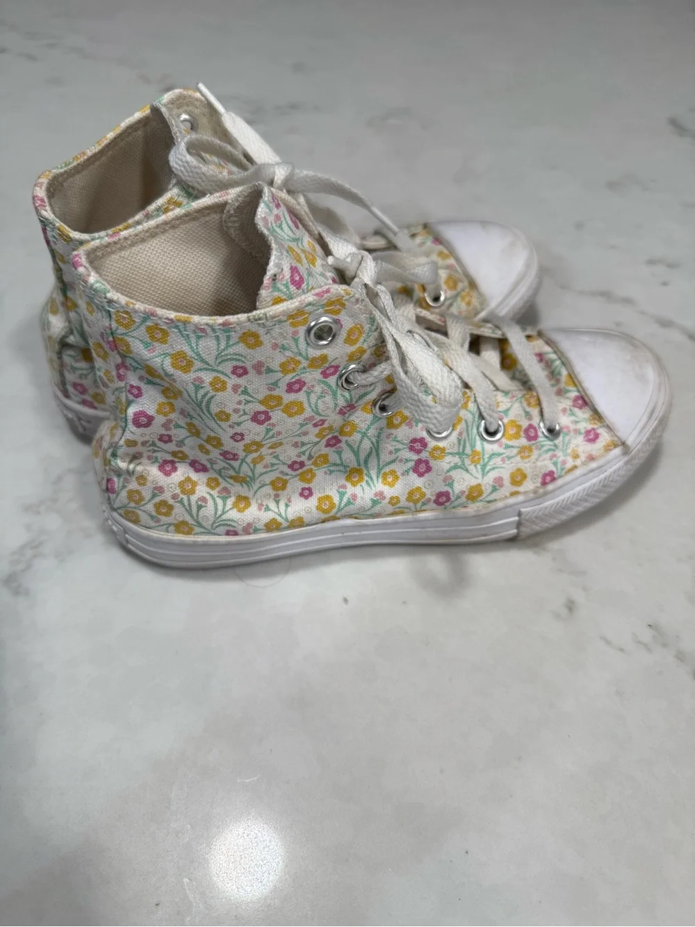 Converse Kids Floral High-Top Sneakers - White with Pink, Yellow & Green Accents